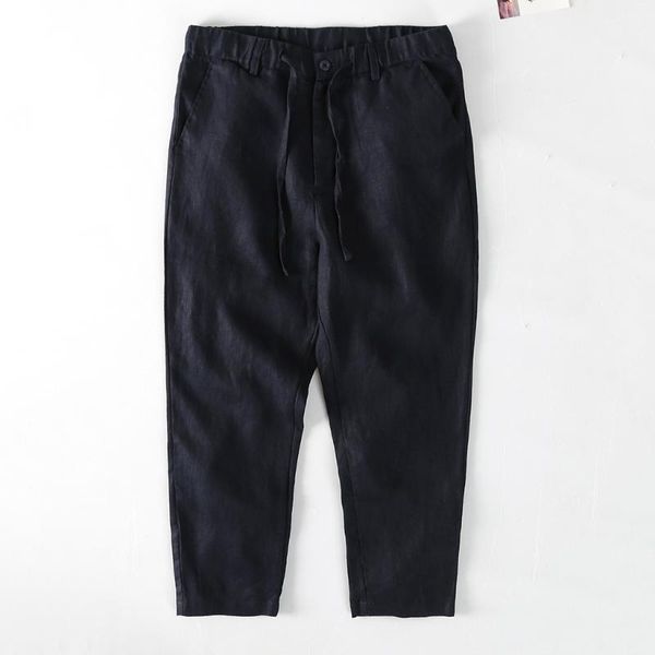 

men's pants men linen ankel length loose drawstring trousers male straight solid color pant man dress casual, Black