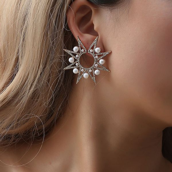 

fashion geometric exaggeration earrings pearl inlaid diamond trend star awn sunflower earrings single accessories, Golden