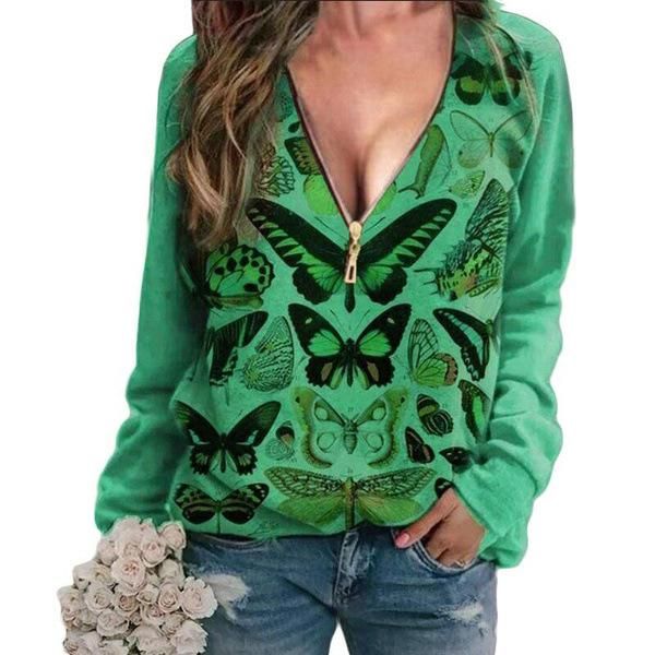 

women's blouses & shirts vintage women blouse shirt zipper butterfly print colorful casual v-neck long sleeve harajuku lady streetw, White