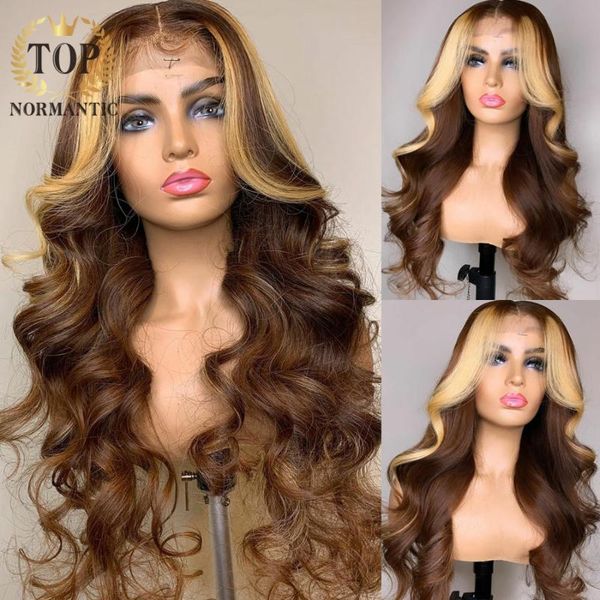 

ormantic 13x6 lace front wig for women highlight color body wave wigs brown brazilian remy human hair preplucked, Black;brown