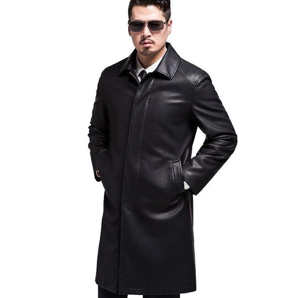 

men's fur & faux genuine leather long jacket brand windbreaker man jackets winter coat 4xl 5xl plus size, Black