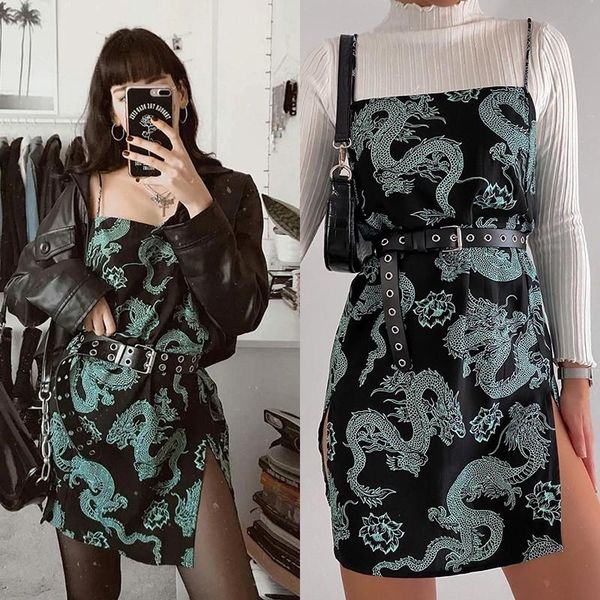 

casual dresses street strap dresse club slim party tigh short dress harajuku robes vestidos vintage dragon printed mini summer 2021 women, Black;gray