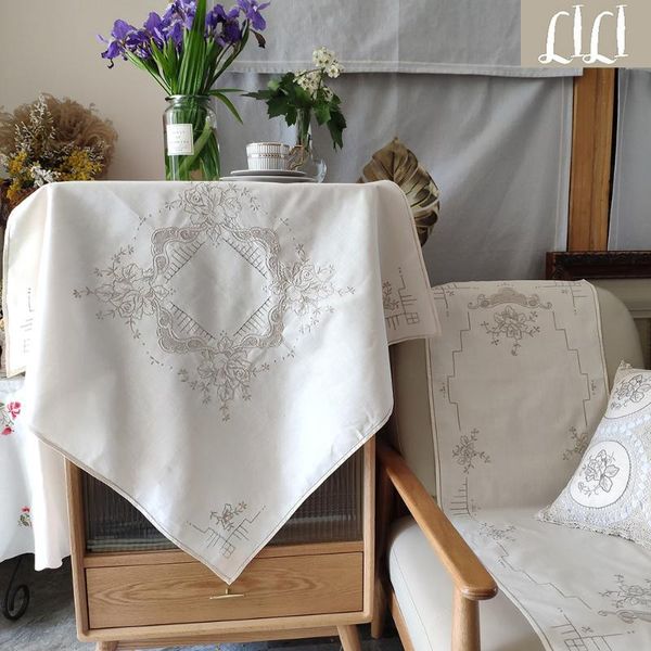 

hand-embroidered drawnwork beige cotton and linen tablecloth table cloth