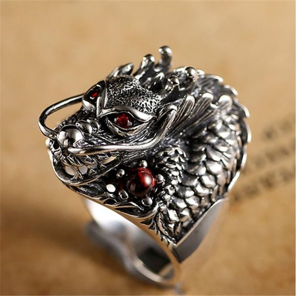 

cluster rings silver vintage dragon head men's ring trendy male index finger personality single domineering opening adjustable, Golden;silver