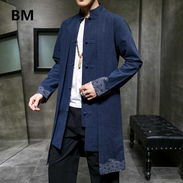 Chinesische Stil Kleidung Tang Anzug Baumwolle Linie Lange Hanfu Alte Stil Mantel Nationaler Stil Roben Kleid Männer Windjacke 211011