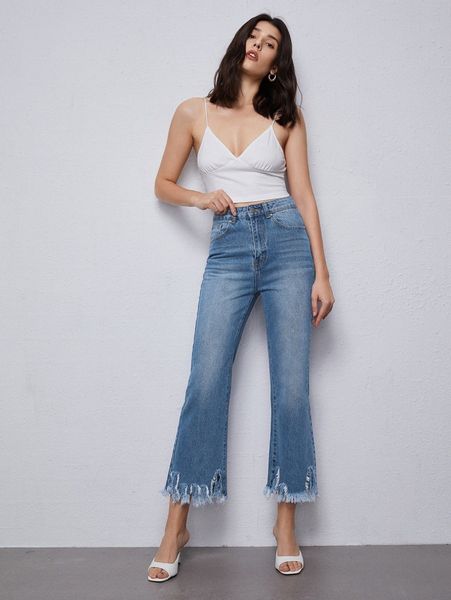 

high waist raw hem flare leg cropped jeans e93a#, Blue