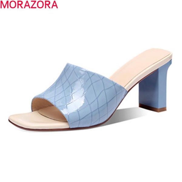 

summer women high heels shoes genuine leather ladies slippers fashion square toe blue color mules, Black