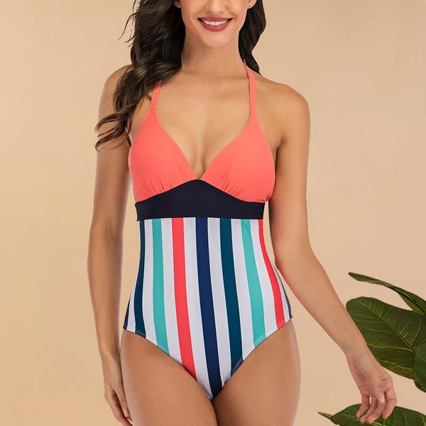 

woman one piece striped tethered halter swimsuit 2021 s-xl bathing suit for women beach swimming bather female swimwear one-piece suits