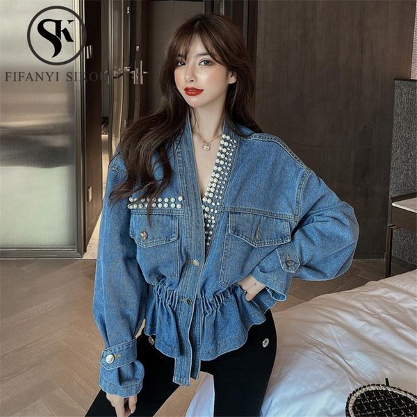 

women's jackets korean style women denim jacket short coat fashion beading v-neck long sleeve jeans female autumn loose casual, Black;brown