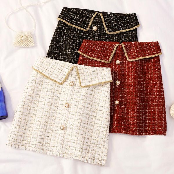 

skirts women's high waist elegant fashion tweed woolen buttons patchwork short skirt plus size s m l xl, Black