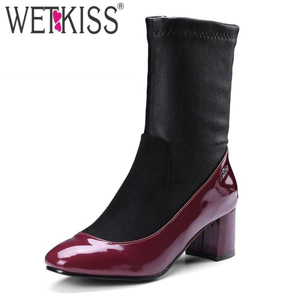 

boots wetkiss thick high heels woman ankle square toe footwear fashion autumn short plush 2021 stitching female shoes, Black