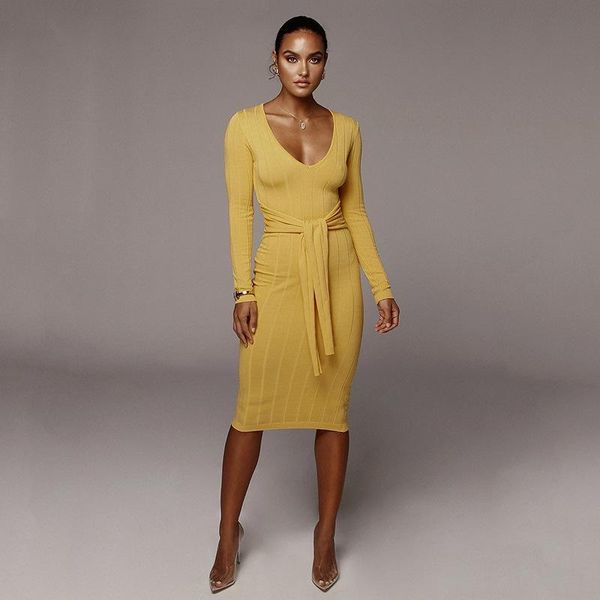 

casual dresses women sweater dress knitted long-sleeved v-neck black vintage waist tie tight party commuter clothing, Black;gray