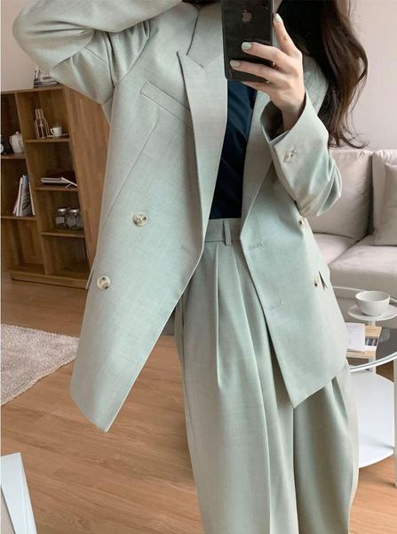 

women's two piece pants women casual trousers suits loose double breasted female blazer & wide leg 2021 autumn 2 set, White