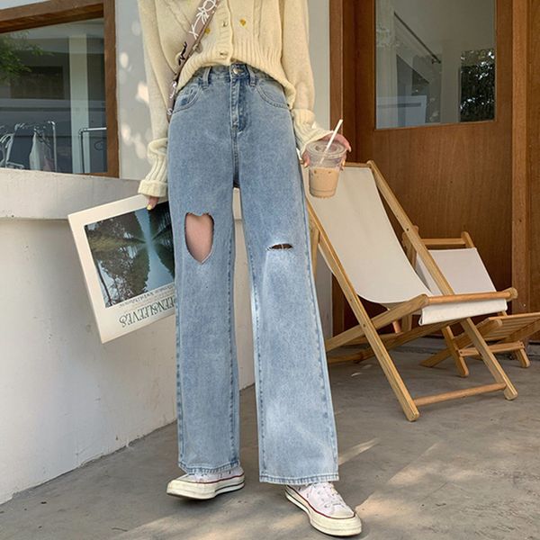 

women's jeans female jeans torn waist high-legged broad-legged clothes denim vintage streetwear quality fashion harajuku slacks straigh, Blue