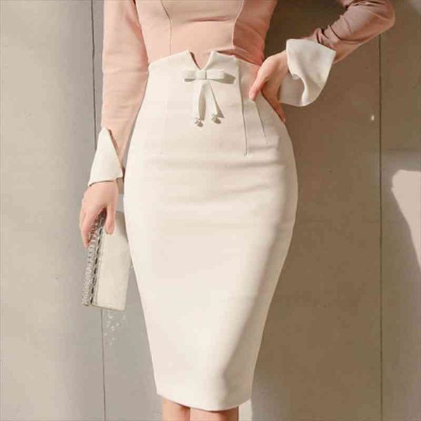 

fashion bowtie empire office women skirt elegant pencil slim mid white femme jupe falda plus size, Black