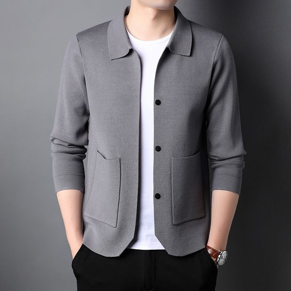 

autumn knitted cardigan casual slim fit real pocket solid color spring and autumn lapel men's coat, Black;brown