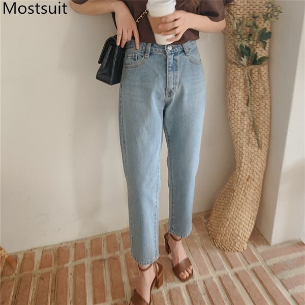 

vintage korean high waist straight denim jeans pants women buttons fly solid casual fashion loose trousers femme 210518, Blue