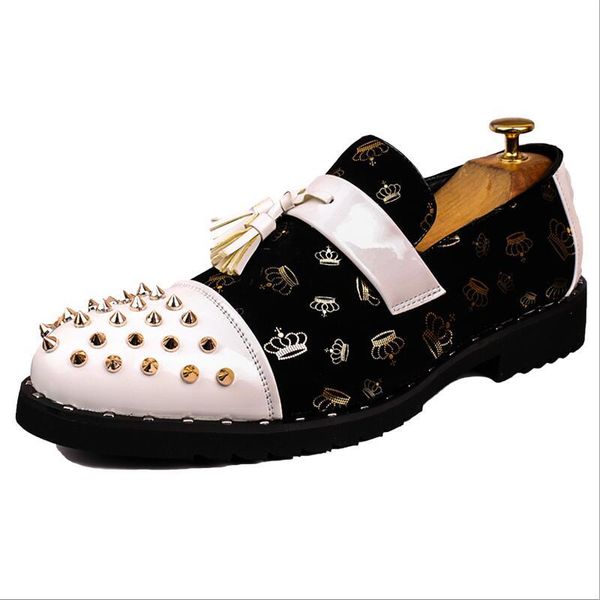 

men fashion casual shoes leather tassels slip on loafers male rivets punk style dress 1a23, Black