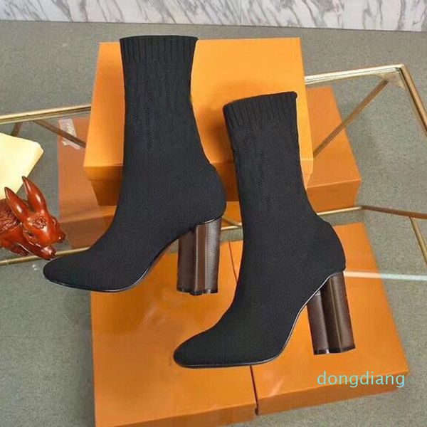 

designer-autumn winter socks heeled boots fashion knitted elastic boot alphabetic women shoes lady letter thick high heels, Black