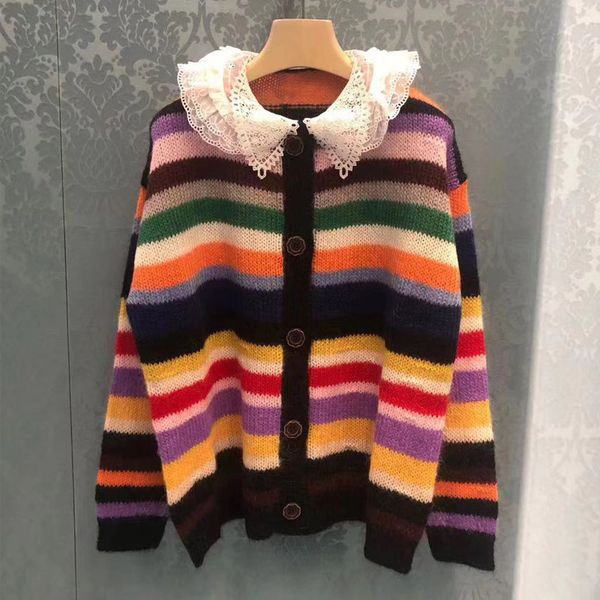 

sweater fashion rainbow stripes contrast 2021 autumn and winter lace doll collar mohair knitted cardigan women tag5, White;black