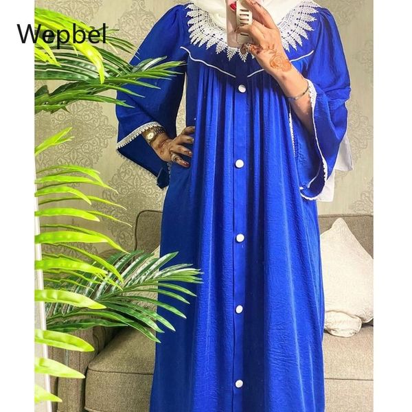 

casual dresses wepbel middle east turkey robe solid color lace collar flower muslim dress jarabiya women long sleeve loose o-neck abaya, Black;gray
