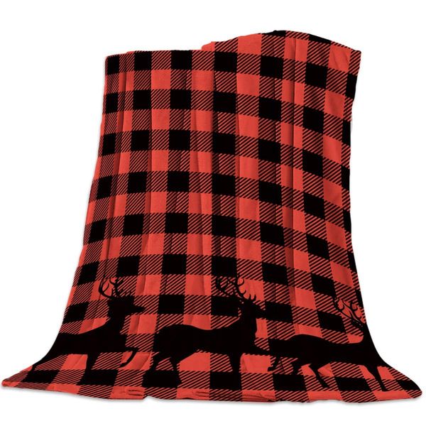 

Throw Fleece Bed Blanket Christmas Elk On Red Buffalo Check Flannel Blankets Warm and Cozy Throws for Sofa,Couch,Chair, All