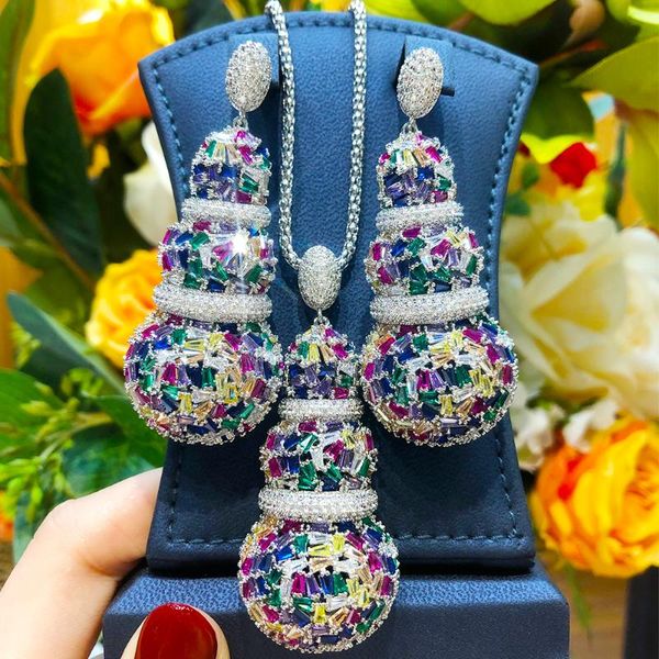 

earrings & necklace blachette trend luxury shiny zircon calabash pendant 2pcs dubai african bride women's jewelry set, Silver