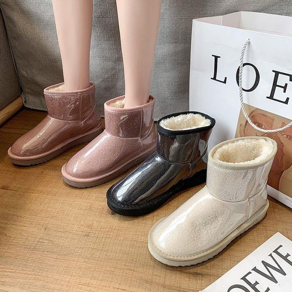 

boots waterproof transparent snow women 2021 winter fashion fur one short tube plus velvet thick warm cotton shoes, Black