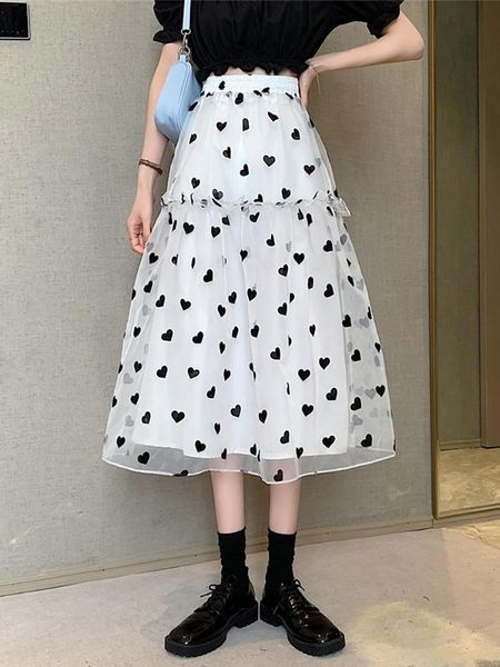 

skirts summer korean version 2021 high waist mesh mid-length skirt love embroidery stitching fluffy a-line long womens, Black