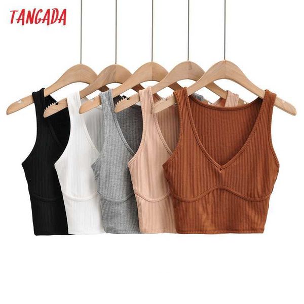 

tangada women strethy tank camis sleeveless v neck short blouses shirts female solid 4p81 210609, White