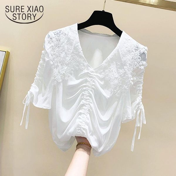 

women's blouses & shirts 2021 summer korean clothing short sleeve loose lace sweet chiffon blouse women solid color ladies camisas muj, White