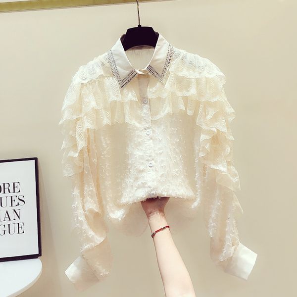 

blouses diamond lapel woman lace panel mesh ruffle shirt spring women's blouses and blusa feminina ropa mujer, White