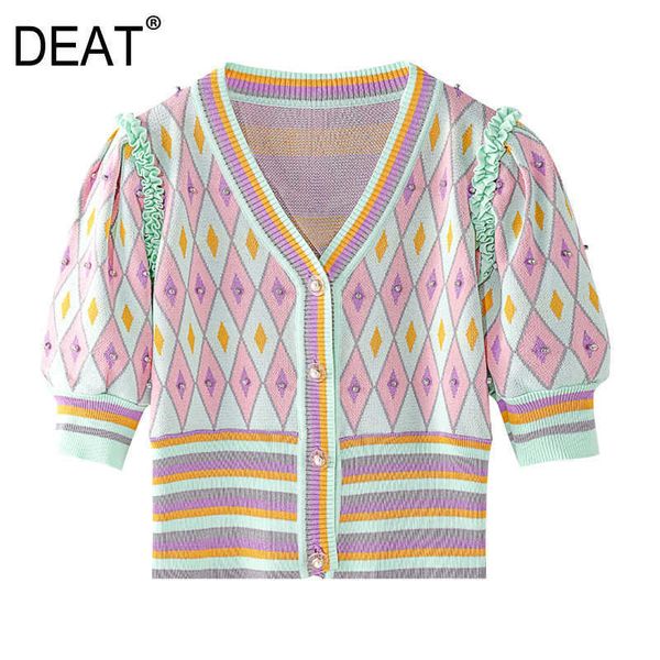 

[deat] summer fashion v-neck lattice beading short sleeve single-breasted knitting women t-shirt 13q317 210527, White