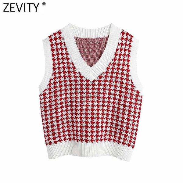 

zevity women vintage v neck houndstooth print vest sweater female fall sleeveless patchwork casual pullovers chic s527 210603, White;black