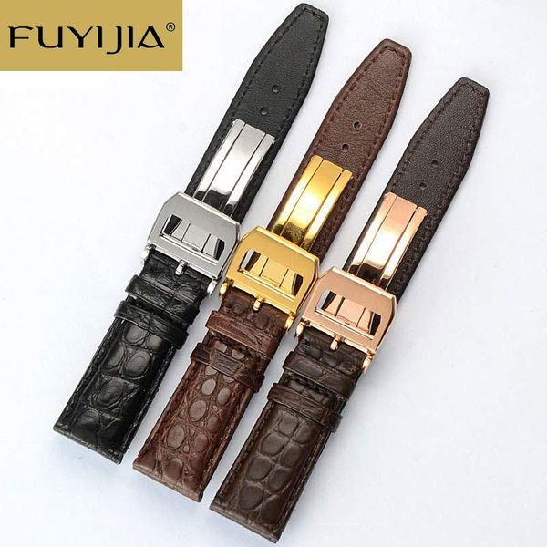 

watch bands fuyijia 20mm 22mm custom portugieser strap handmade crocodile watchbands men genuine alligator band folding buckle belt, Black;brown