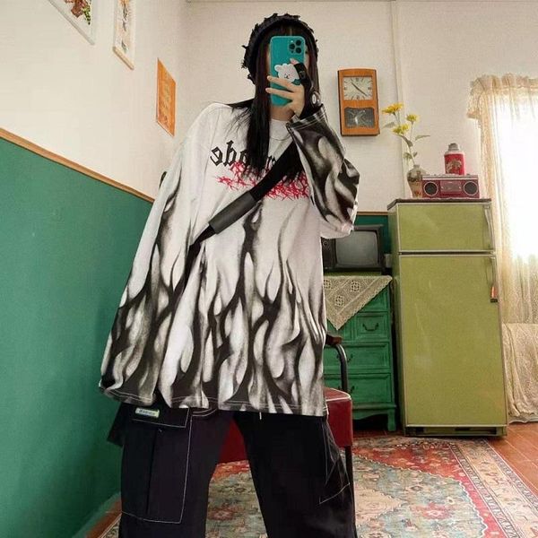 

women's hoodies & sweatshirts female sweatshirt streetwear hip-hop dark retro flame print loose plus size long-sleeved pullovers oversi, Black