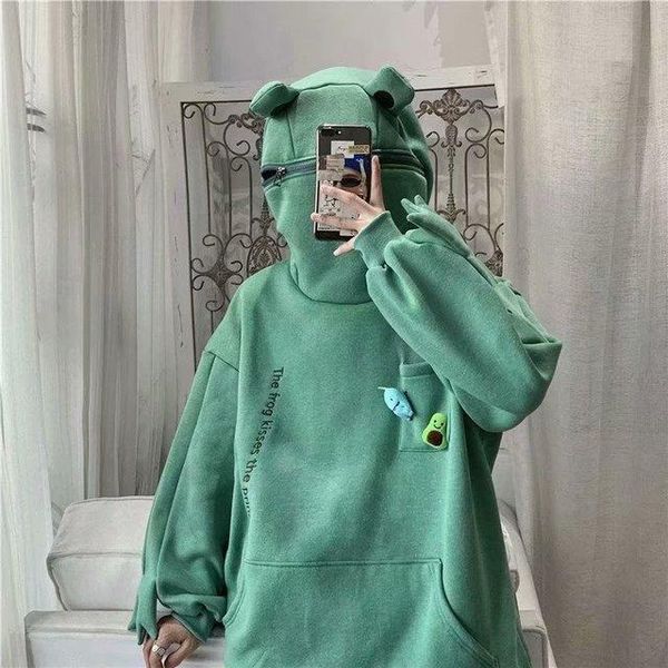 

men's hoodies & sweatshirts harajuku women hoodie frog pullover winter sense hooded casual autumn embroidery loose doll decoration, Black