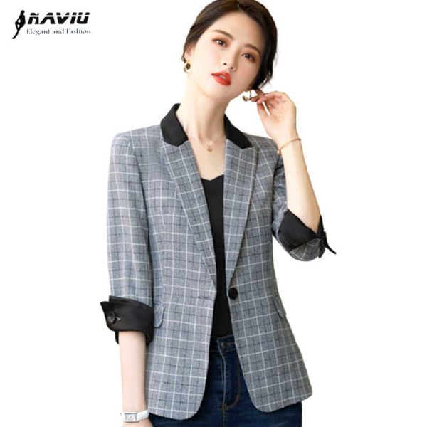

plaid blazer women spring temperament retro half sleeve jacket office ladies business formal work coat 210604, White;black