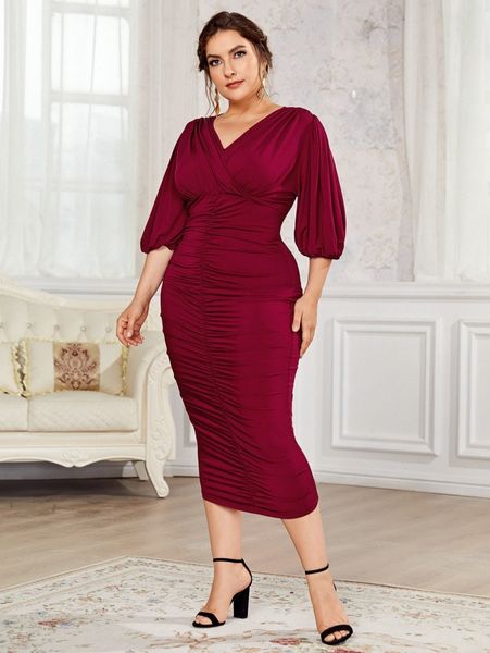 

plus bishop sleeve ruched bodycon dress 85fv#, Black
