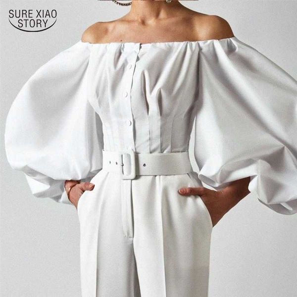 Мода белые блузки с плеча плюс размер женщин блузка топы фонарь рукава хлопковые рубашки повседневная женская рубашка blusas 13140 210527