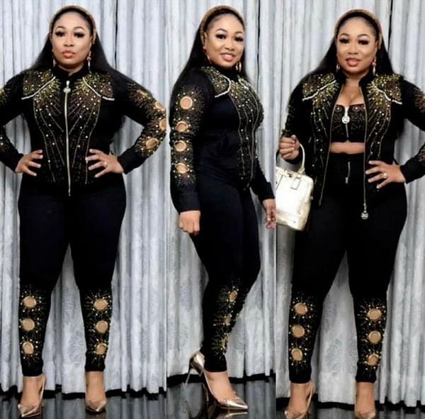 

ethnic clothing 3 piece set african clothes for women tracksuit dashiki diamonds blazer bra pants suits famous bazin jogging vetement femme, Red