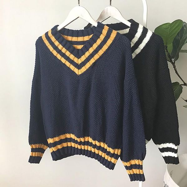 

women's sweaters women autumn winter casual long sleeve v-neck pullovers female striped sweet loose sweater warm knitted clothes, White;black