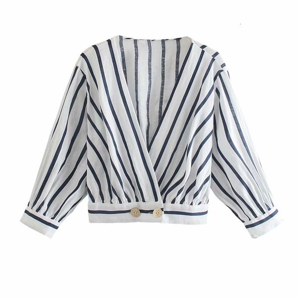 

casual dresses women v neck buttons blouse 2021 spring-autumn fashion ladies high street shirt female striped cropped c8dp, Black;gray
