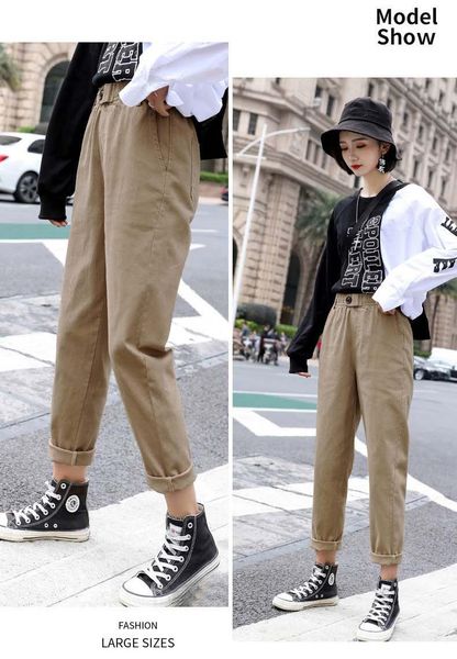 

spring women clothing straight overalls casual harem pants korean elastic waist buckle cargo women's & capris, Black;white