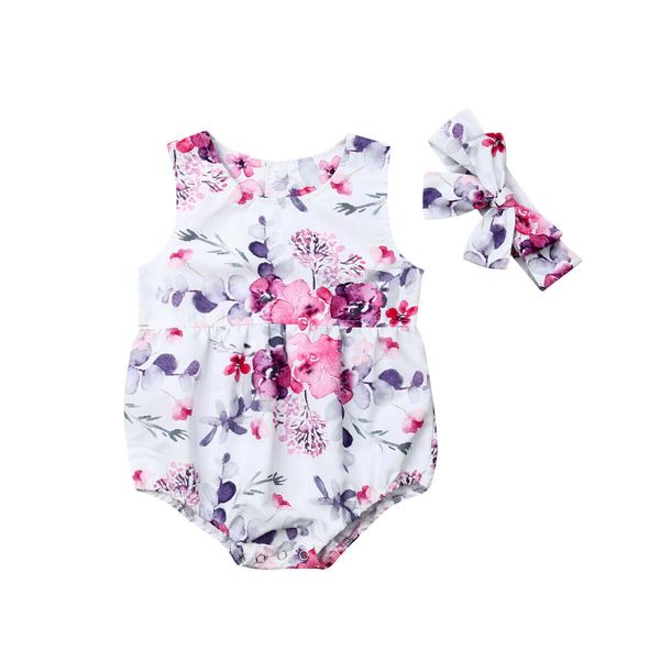 

toddler baby girls summer floral bodysuits sleeveless button lovely jumpsutis headband outfits set, White