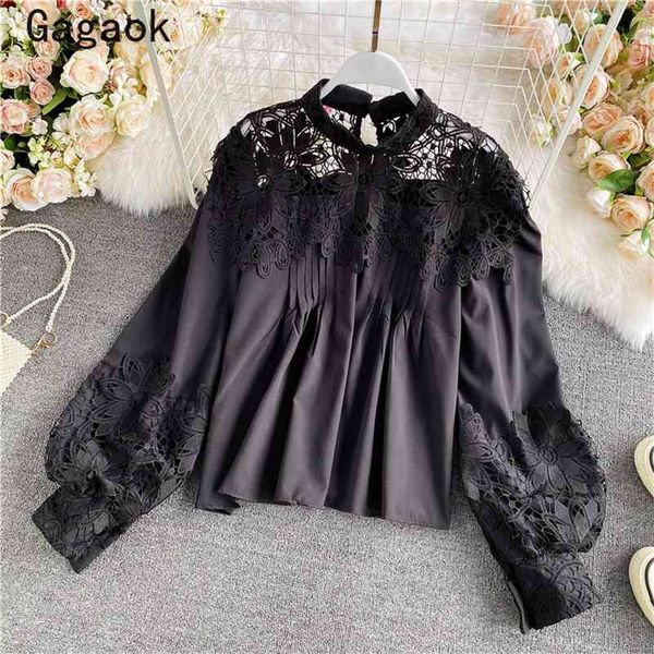 

elegant blouse women spring autumn solid stand hollow out office lady shirt loose simple fashion wild blouses 210531, White