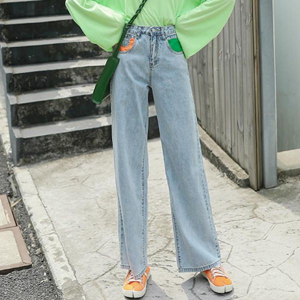 

women's jeans high waist wide leg straight loose for women s  l xl, Blue