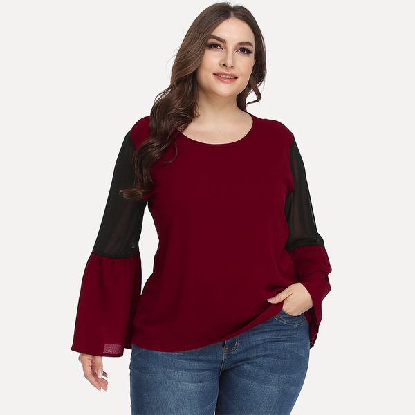 

Plus size Dresses Hy363712# Large Solid Color Hollow Out Long Sleeve Round Ne T-shirt, Red