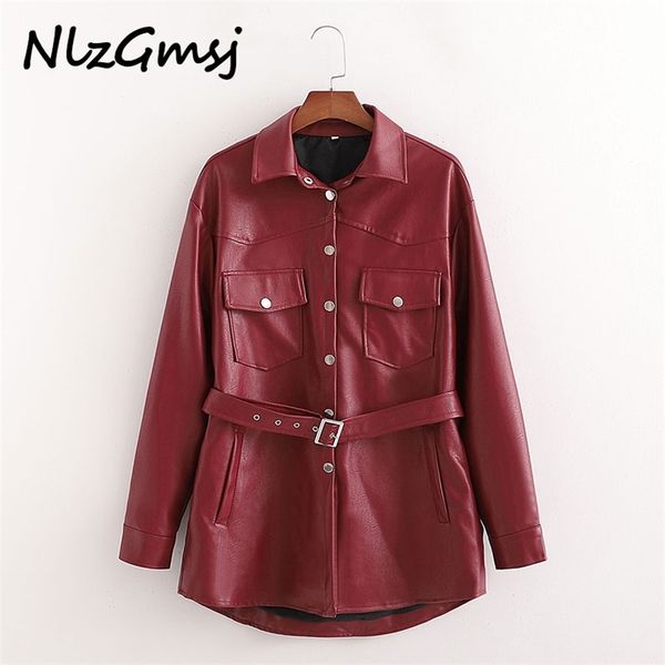 

jacket women leather street personality metal single buttons pu shirt red autumn winter casual long sleeve 210628, Black;brown