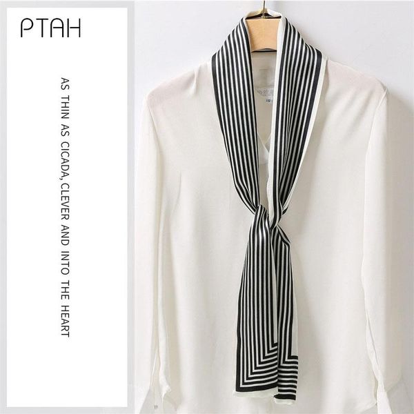 

scarves [ptah] autumn silk for women temperament 100% mulberry length neckerchief ladies printed soft 145*15cm, Blue;gray